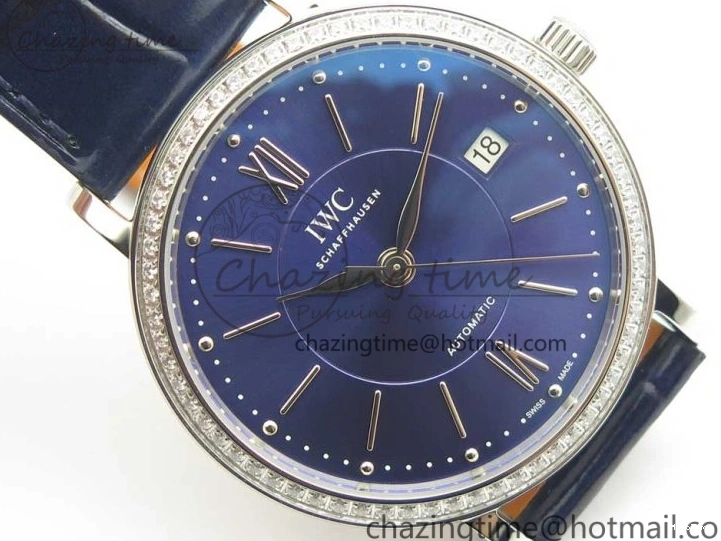 MIROTIME 1224 Fashionable Portofino IW458101 Diamond Bezel SS MK 1:1 Best Edition Blue Dial On Blue Leather Strap MIYOTA 7169
